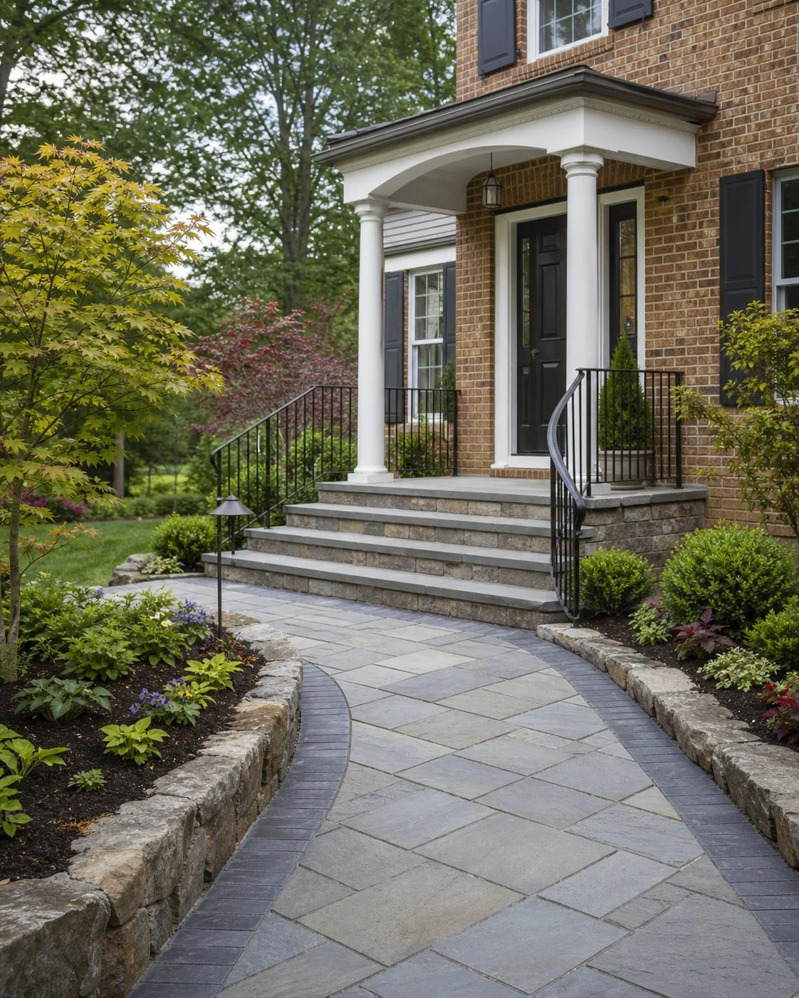 Finished masonry front steps and paver walkway at a Maryland home
