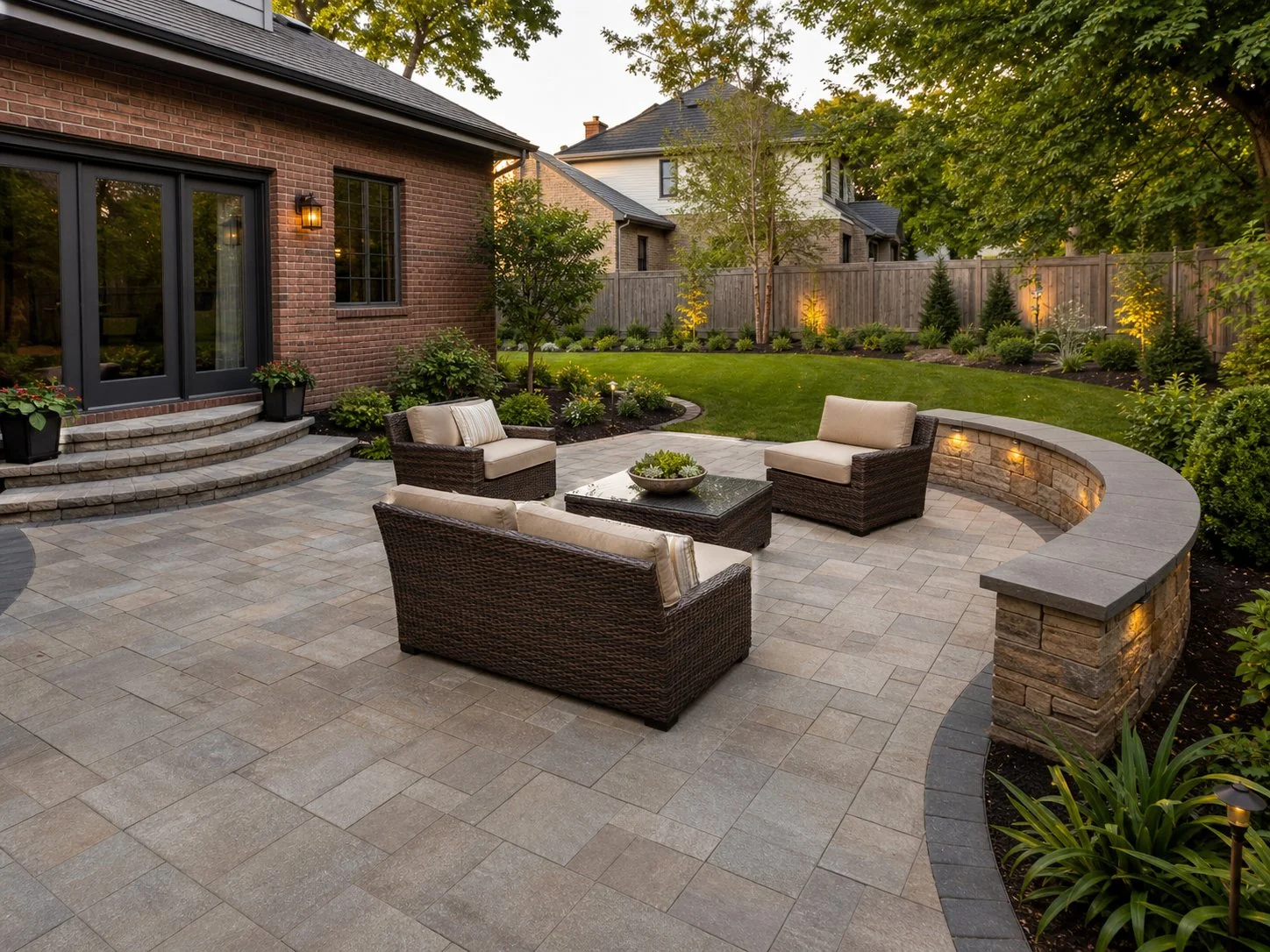 Finished backyard paver patio and hardscaping
