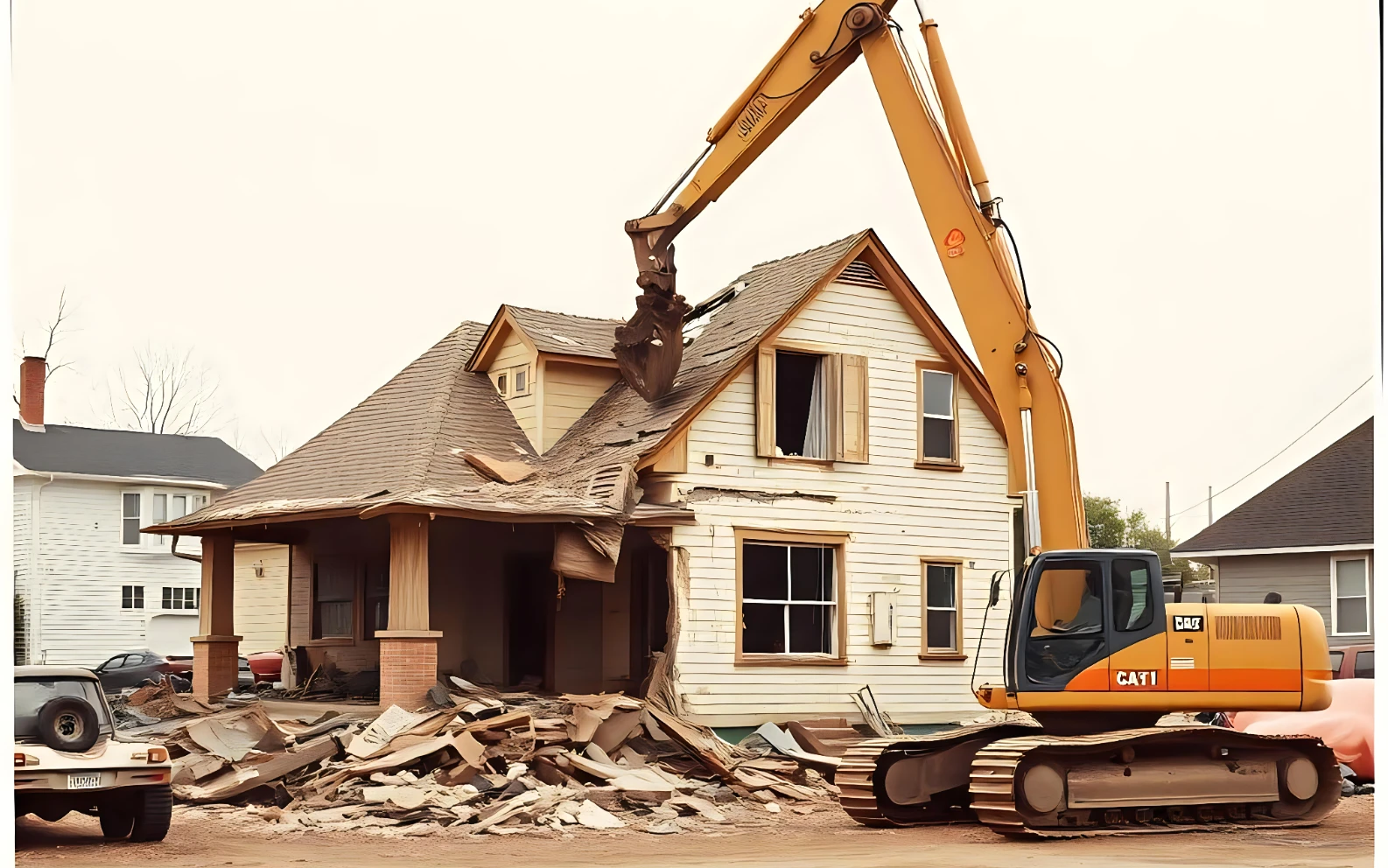Excavator demolishing an old house structure